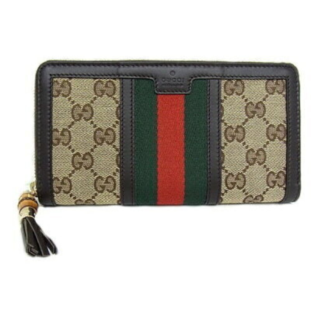 Gucci Long Wallet Zip Around Canvas Sherry Line Bamboo Tassel Beige Brown